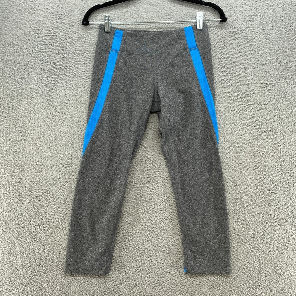 Vogo Leggings Womens XS Capri Gray Heathered Gym Workout Stretchy Blue Stripe